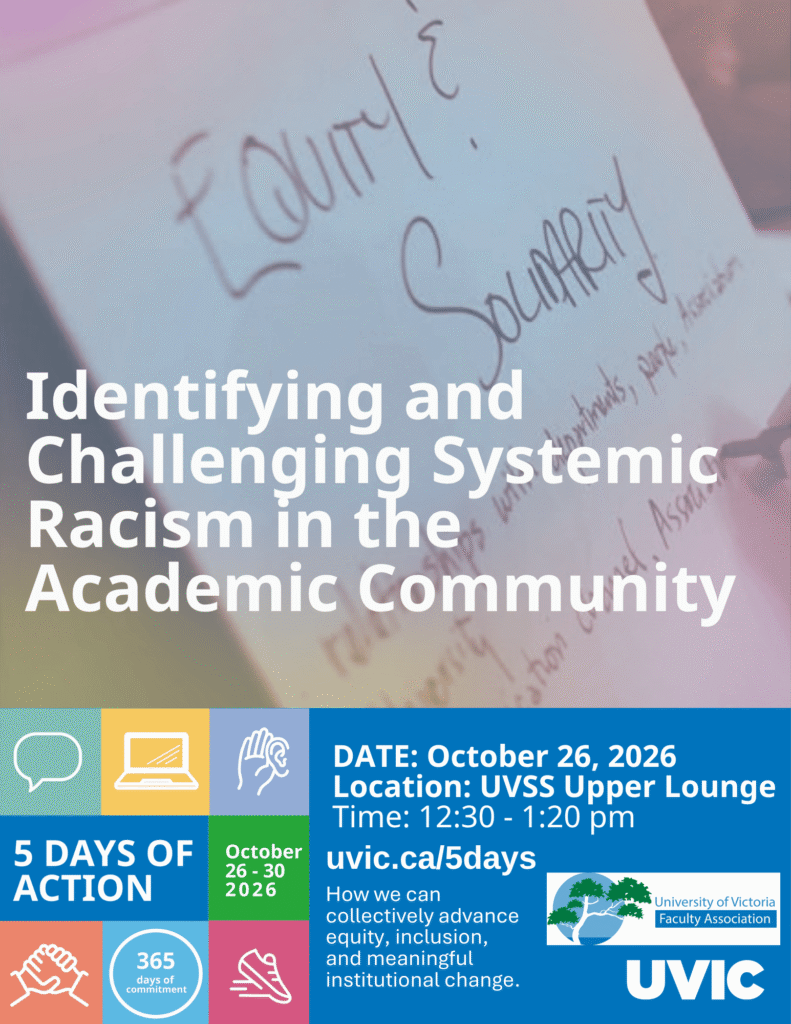 poster for the UVICFA BPOC Caucus Identifying and Challenging Systemic Racism in the Academic Community showing a white board with someone writing under the words Equity and solidarity